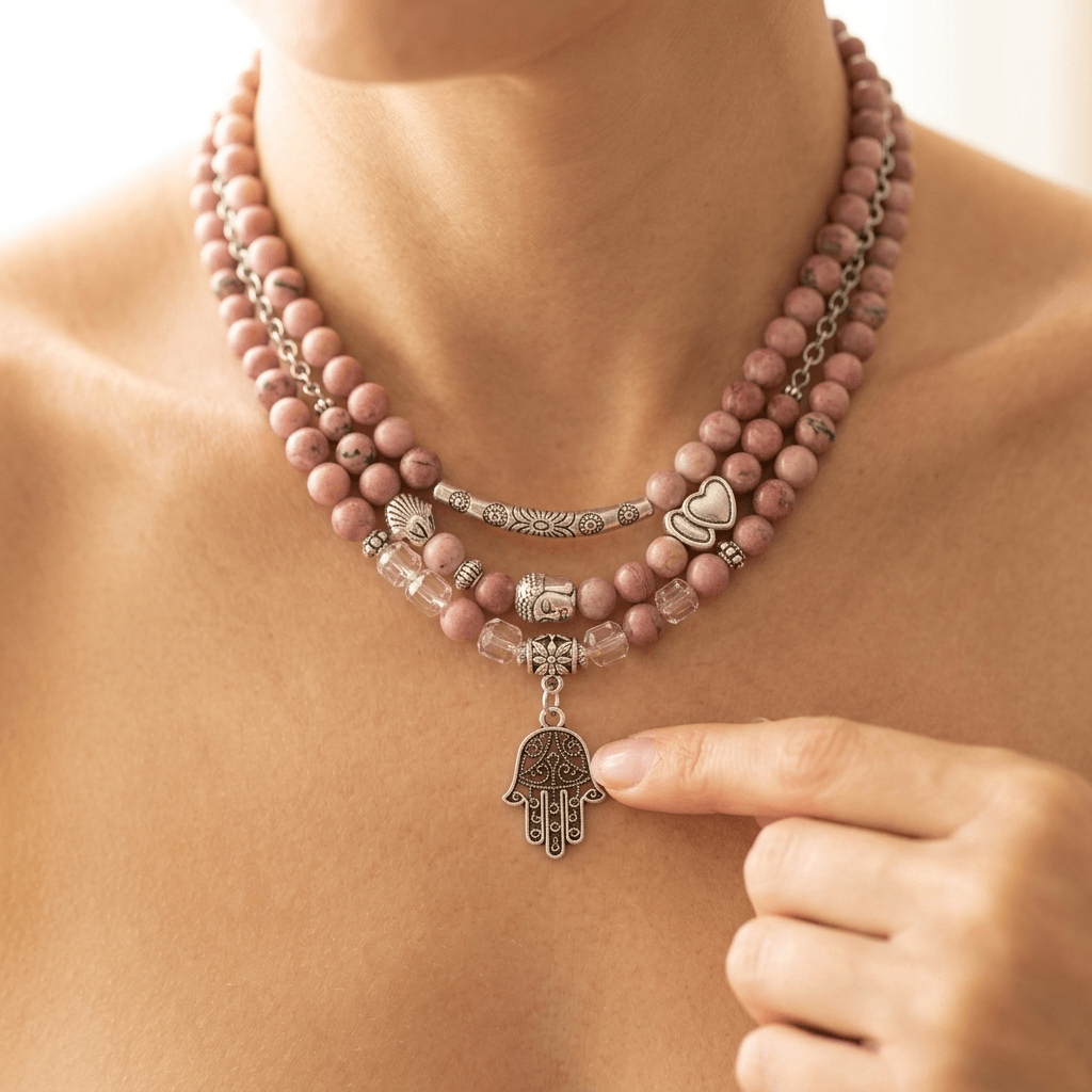 Pink Rhodonite Silver Hamsa Charm Mala Necklace