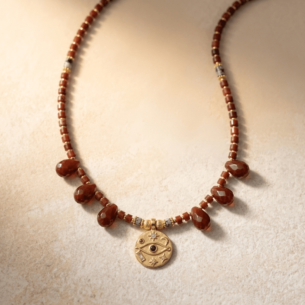 Red Jasper Gold Egyptian Eye Charm Necklace