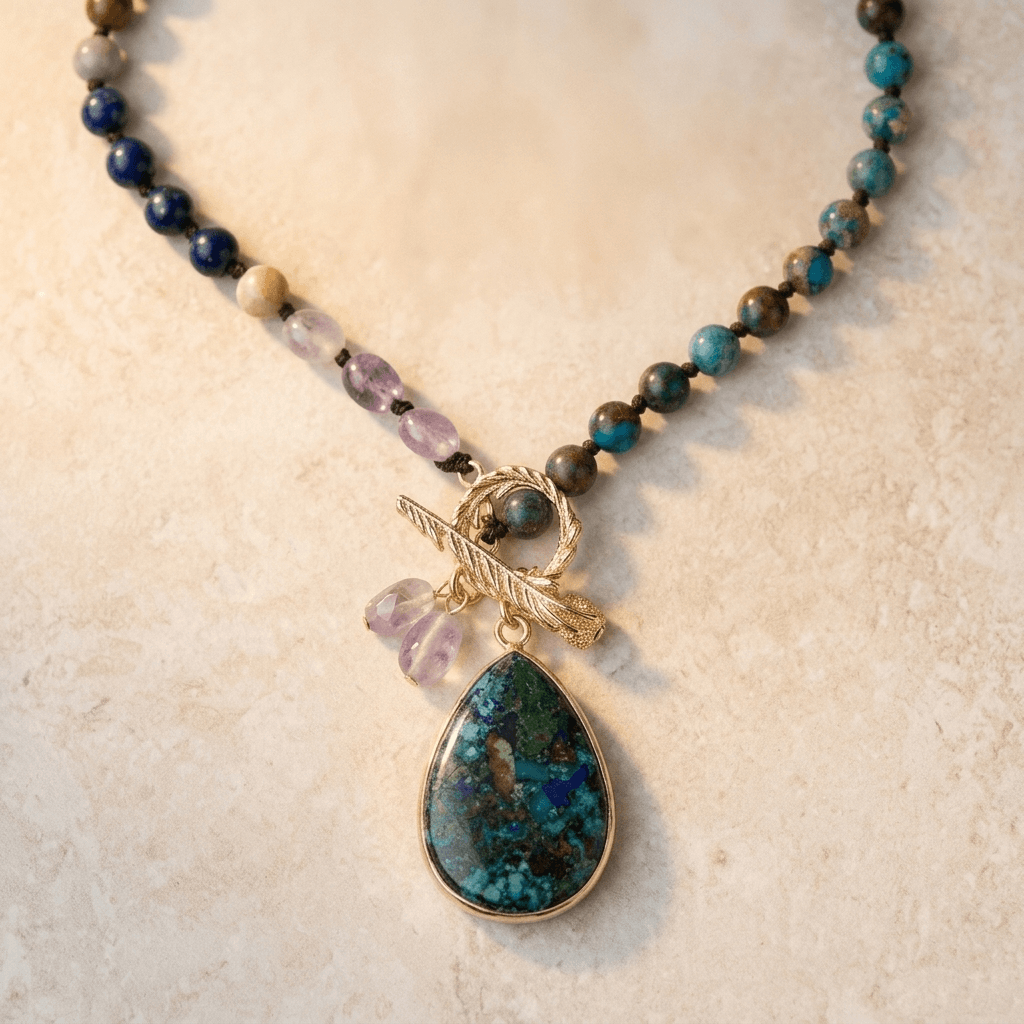Ocean Jasper Amethyst Gold Teardrop Necklace