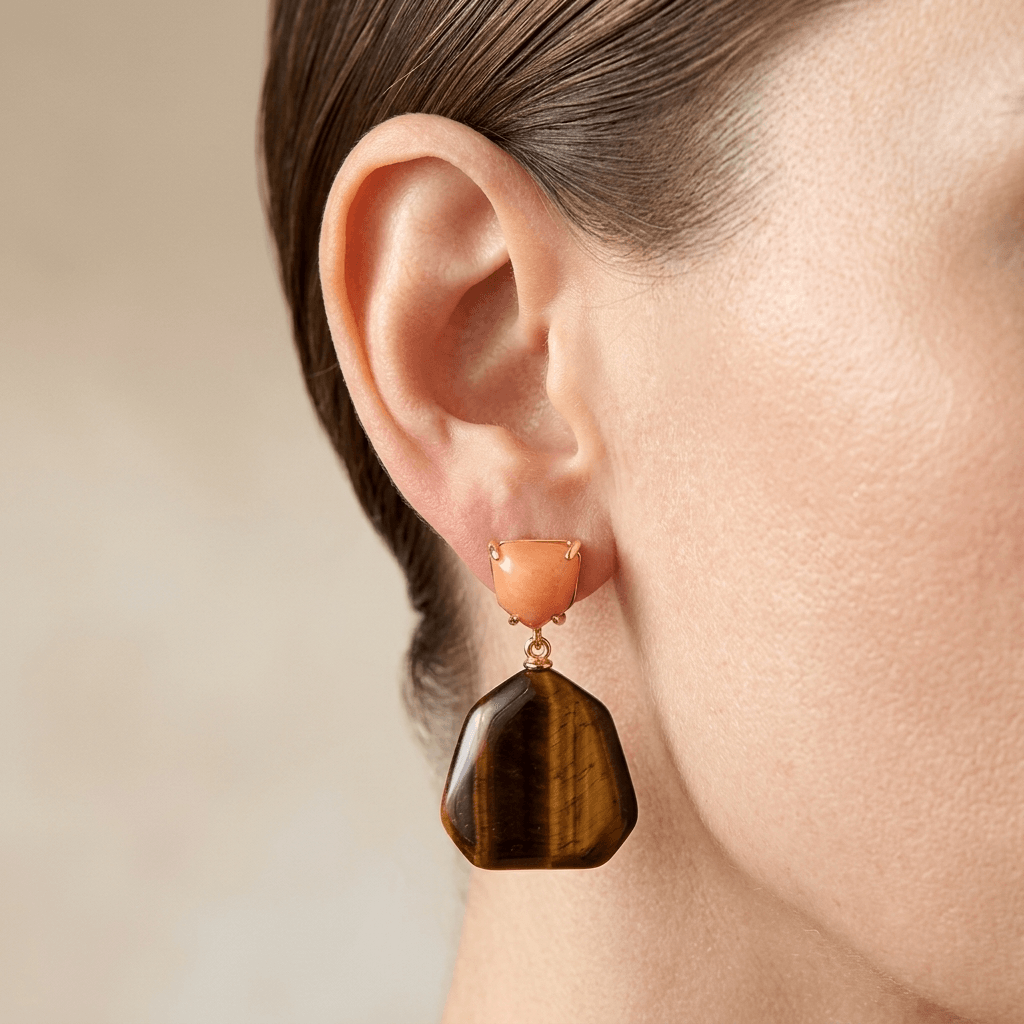 Tiger Eye Peach Stone Gold Drop Earrings