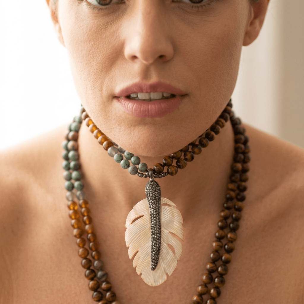 Boho Beaded Tiger Eye Seashell Leaf Necklace