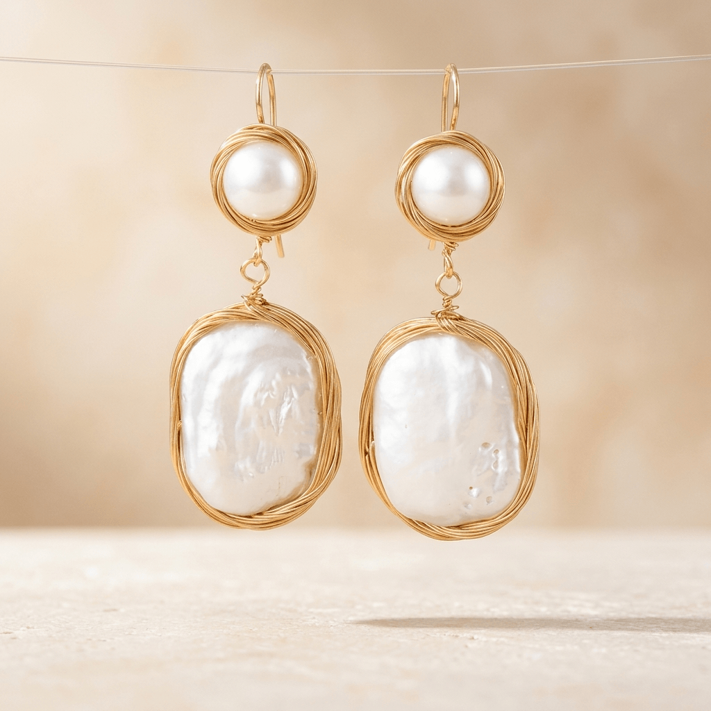 Gold Wire Wrapped Pearl Drop Earrings