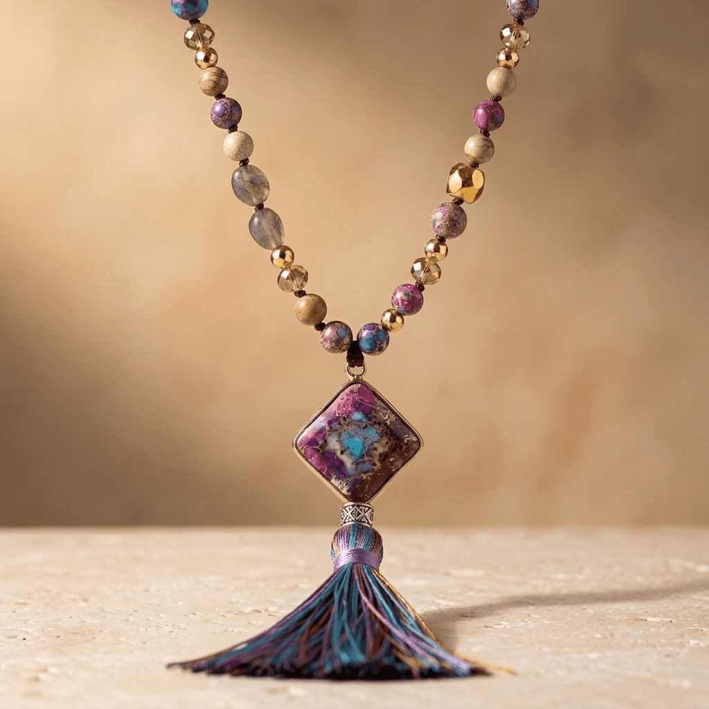 Handmade Purple Jasper Diamond Tassel Necklace
