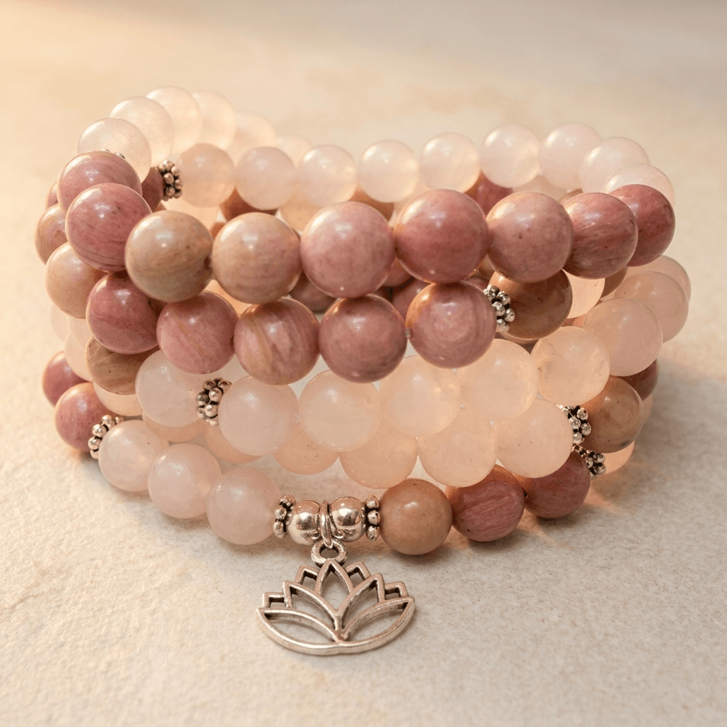 Rhodonite Rose Quartz Lotus Pendant Necklace