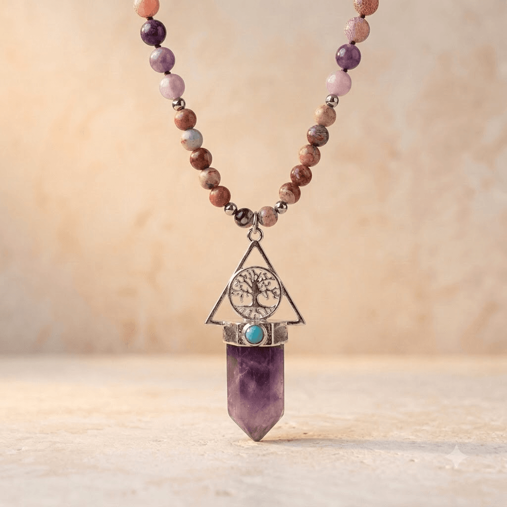 Amethyst Jasper Tree Of Life Bead Necklace