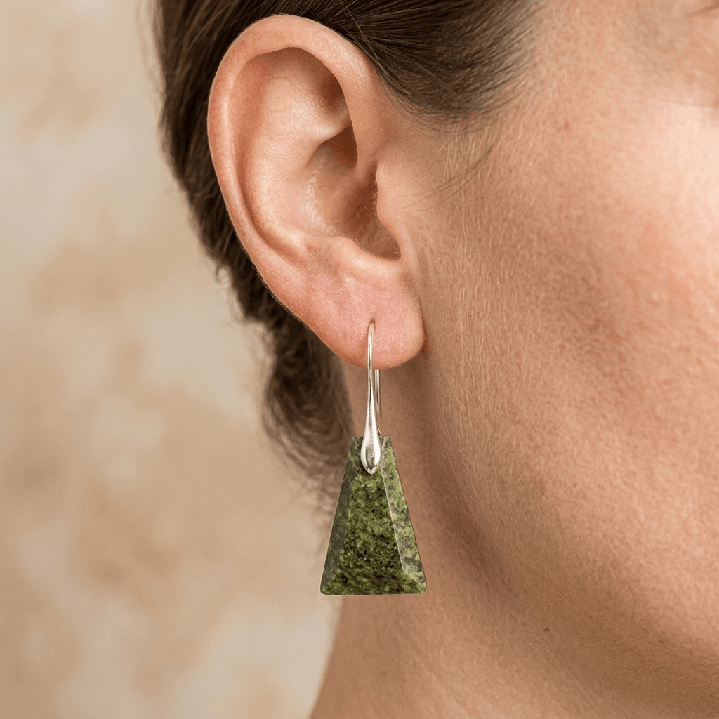 Natural Green Jasper Pyramid Silver Earrings