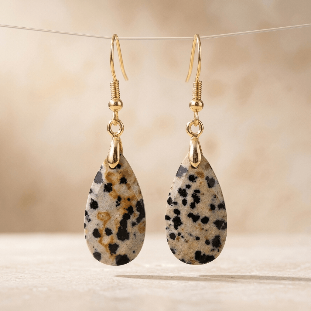 Natural Dalmatian Jasper Gold Drop Earrings