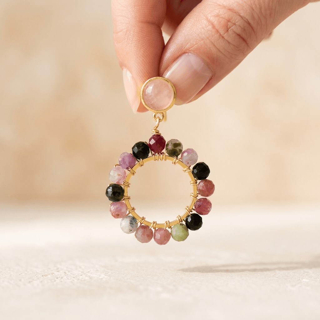 Multicolor Tourmaline Gold Beaded Circle Earrings