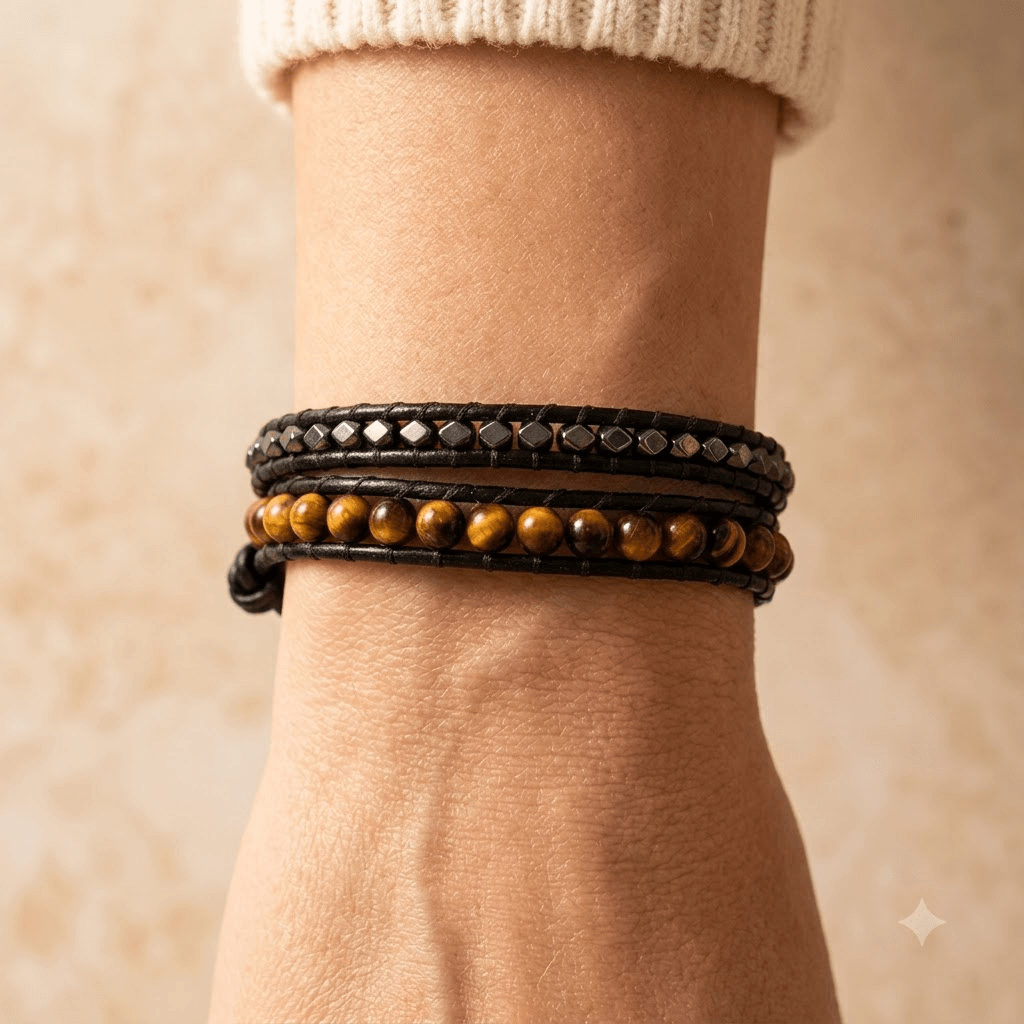 Natural Tiger Eye Black Leather Wrap Bracelet