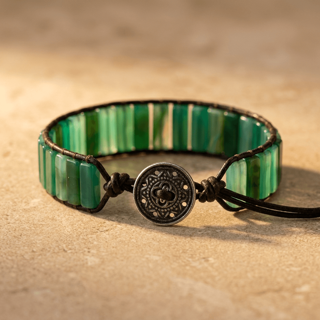 Green Onyx Tube Beads Leather Wrap Bracelet