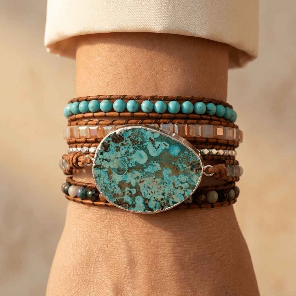 Handmade Turquoise Silver Leather Wrap Bracelet