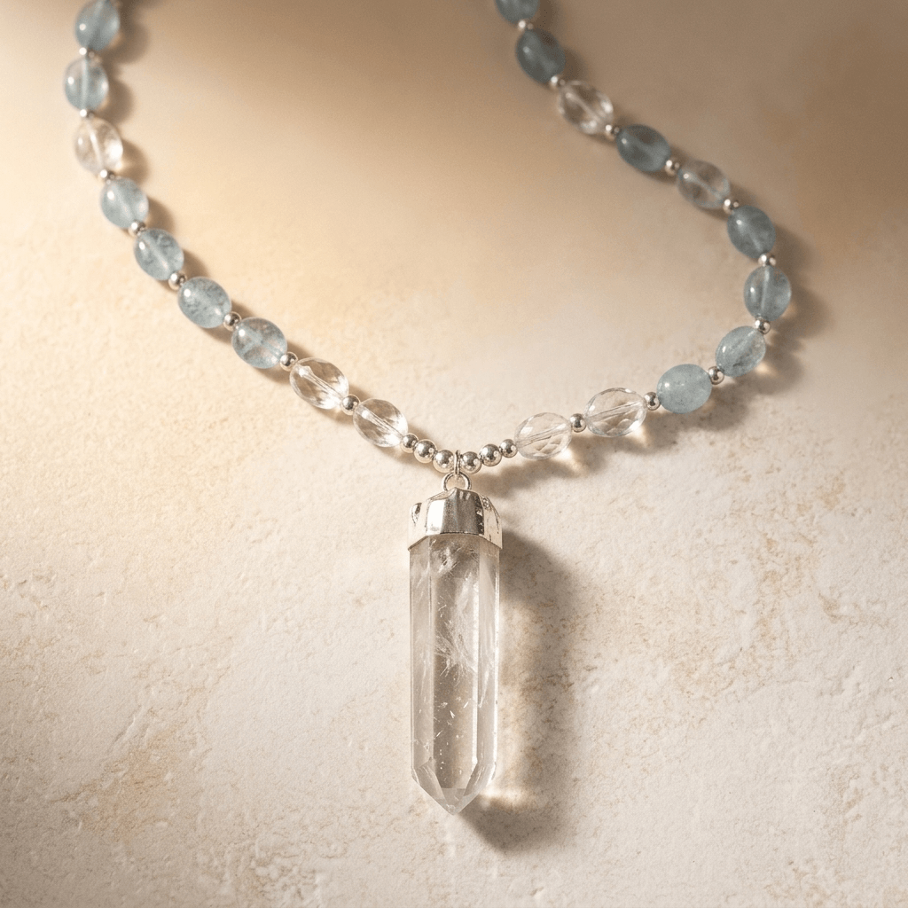 Natural Aquamarine Clear Quartz Pendant Necklace