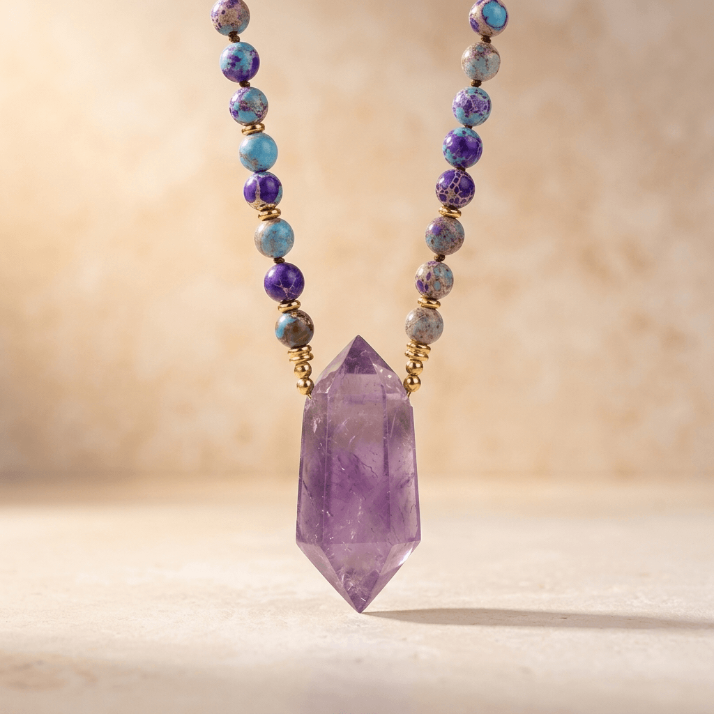 Purple Amethyst Gold Beaded Point Pendant Necklace