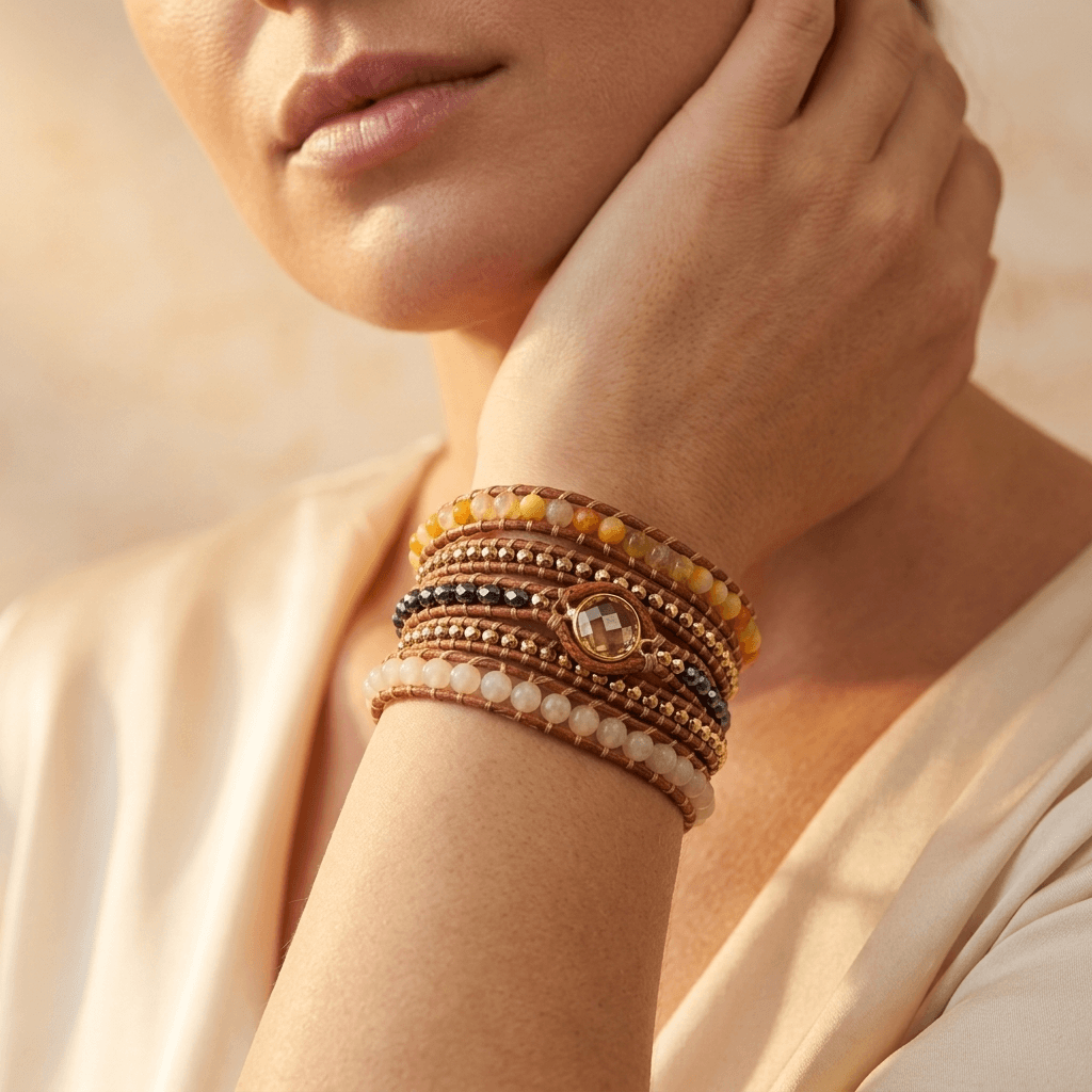 Boho Leather Citrine Wrap Bracelet