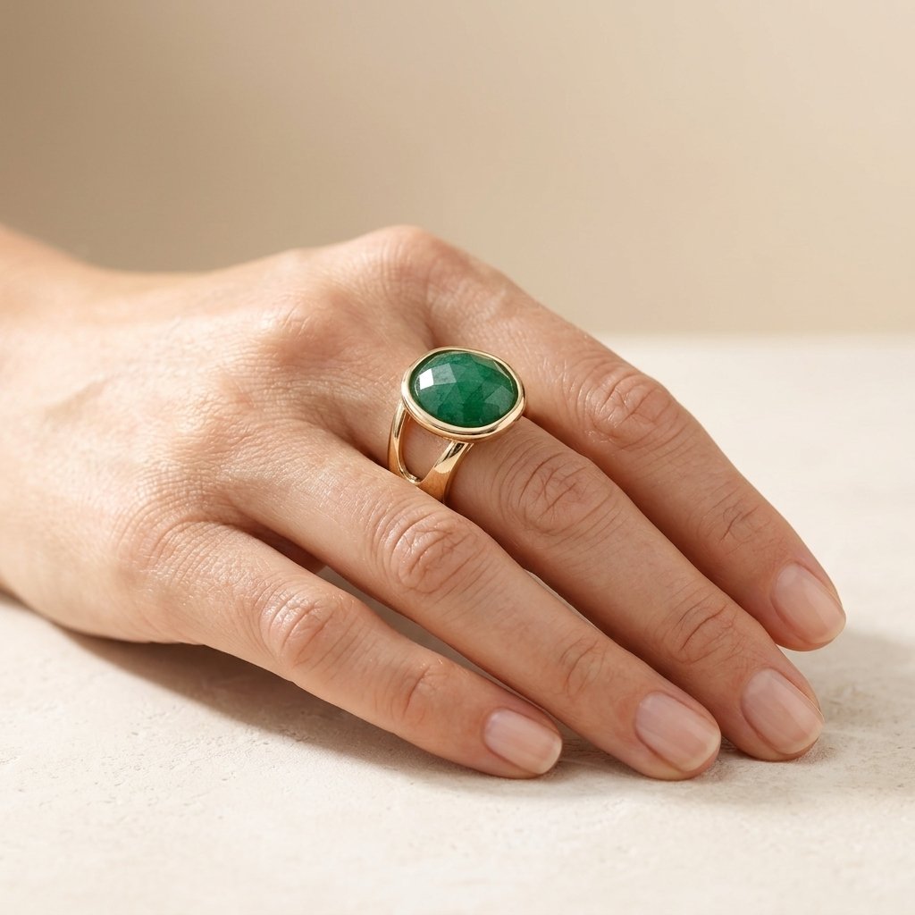 Gold Green Emerald Oval Bezel Ring
