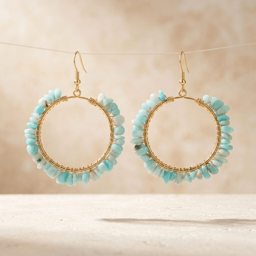 Turquoise Amazonite Gold Wire Circle Earrings