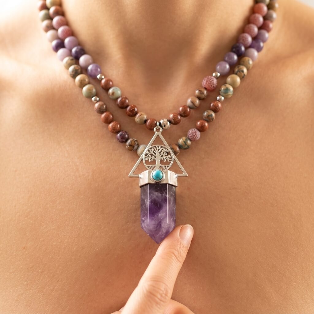Amethyst Jasper Tree Of Life Bead Necklace