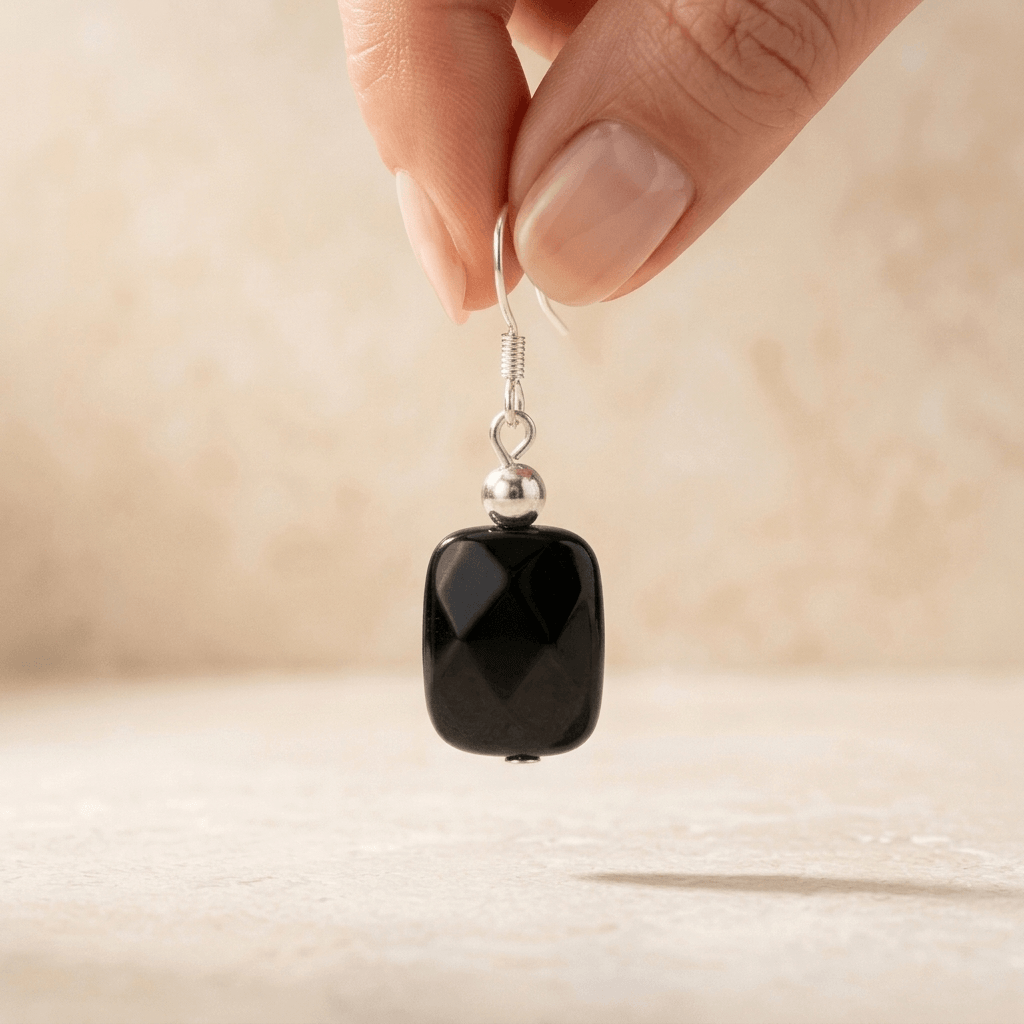 Black Onyx Faceted Square Silver Drop Earrings