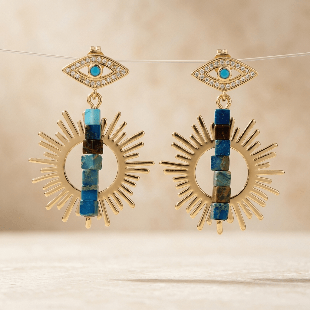 Gold Evil Eye Turquoise Sunburst Drop Earrings