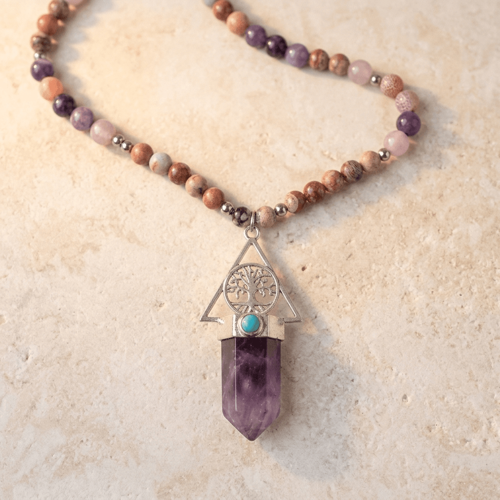Amethyst Jasper Tree Of Life Bead Necklace