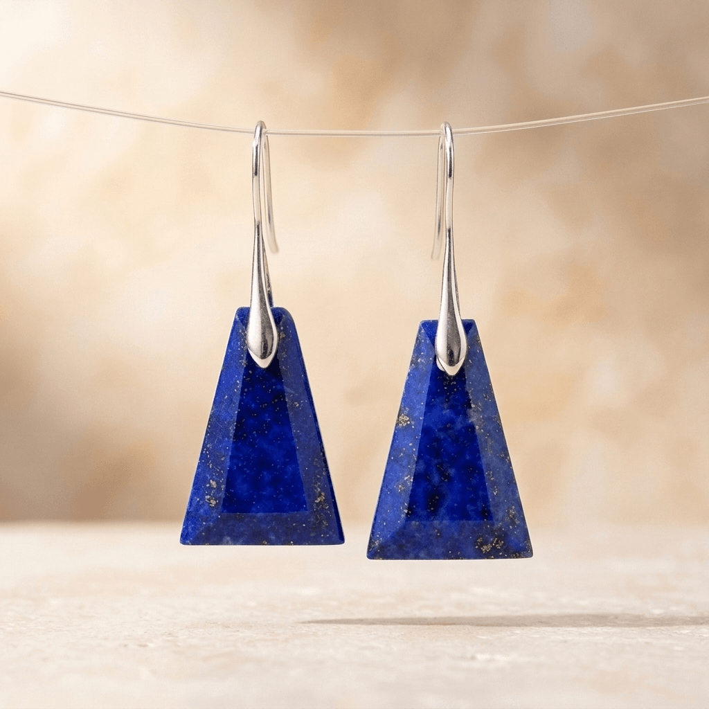 Natural Lapis Lazuli Silver Pyramid Earrings