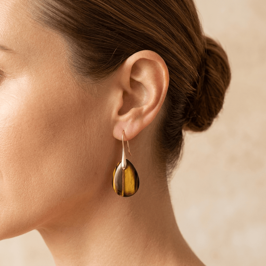 Natural Tiger Eye Gold Teardrop Earrings