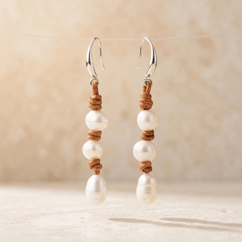 Handmade Silver Freshwater Pearl Leather Drop Earrings