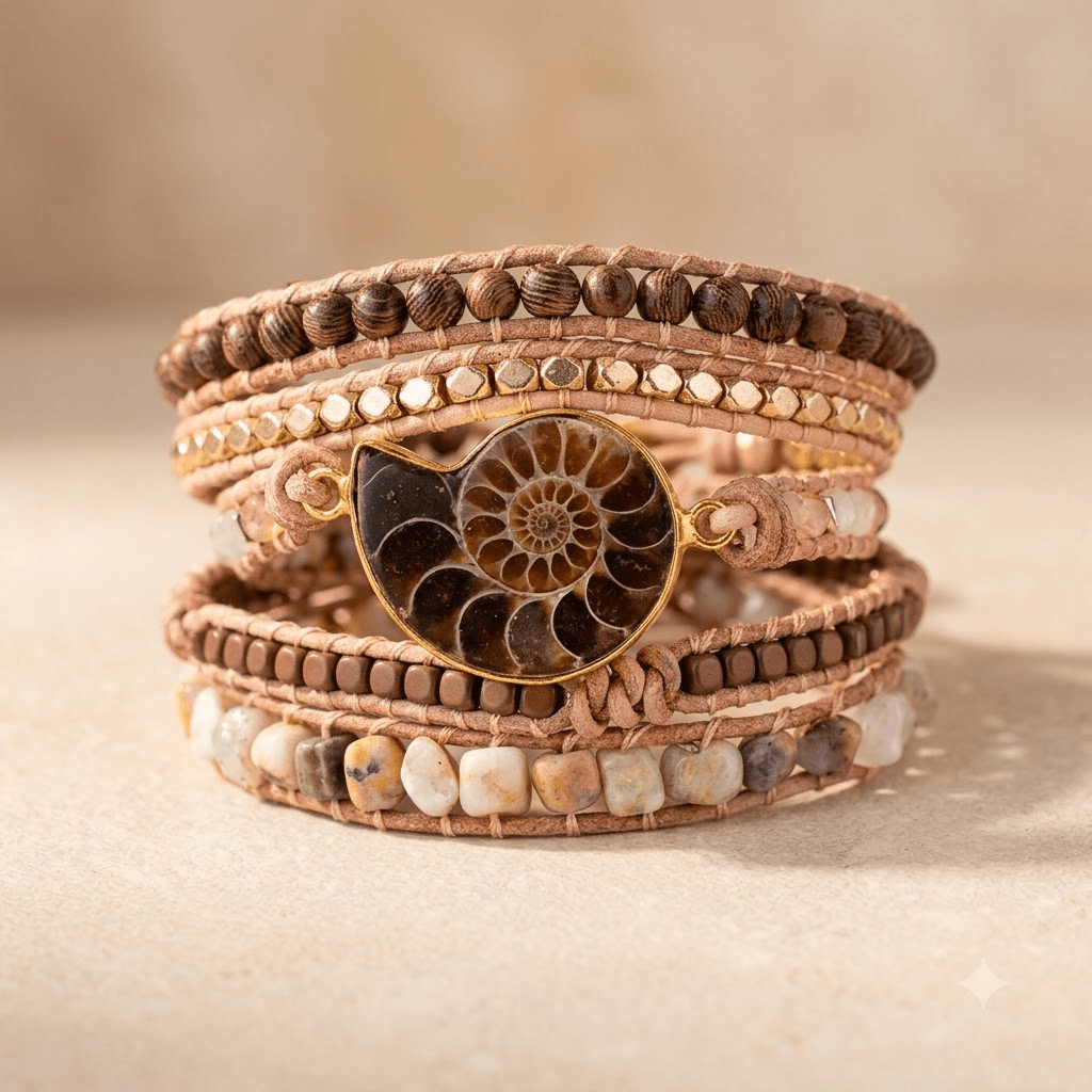 Natural Ammonite Fossil Leather Wrap Bracelet