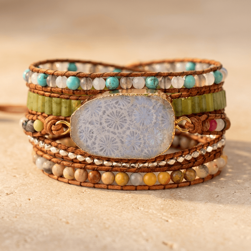 Handmade Natural Chrysanthemum Stone Leather Wrap Bracelet