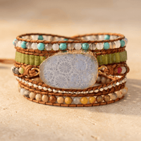 Handmade Natural Chrysanthemum Stone Leather Wrap Bracelet