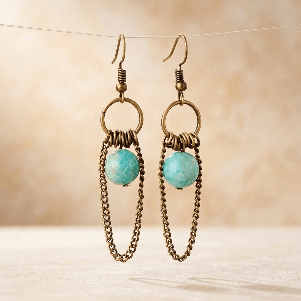 Turquoise Amazonite Bronze Chain Chandelier Earrings