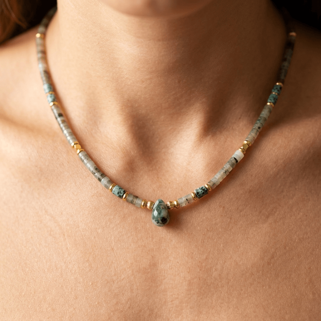 Natural Labradorite African Turquoise Teardrop Necklace