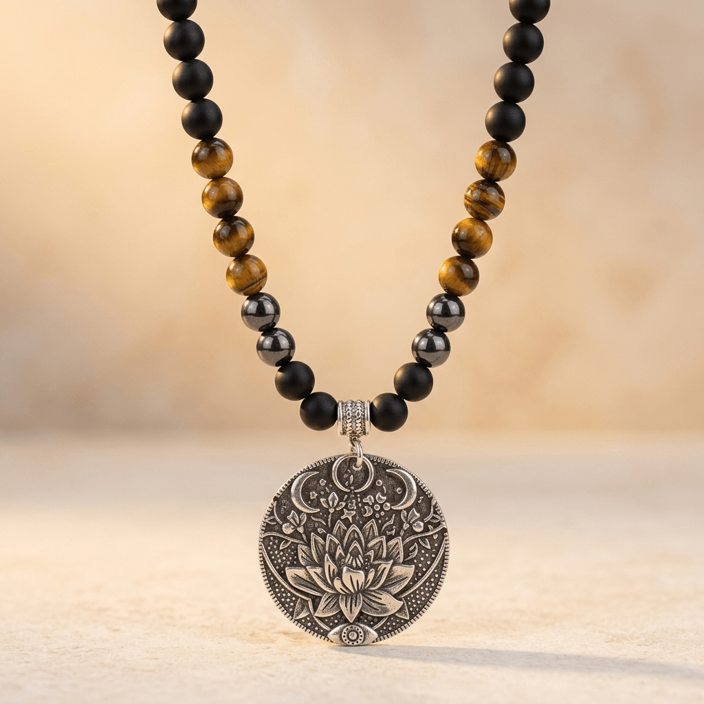 Tiger Eye Matte Black Onyx Lotus Pendant Necklace