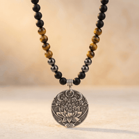 Tiger Eye Matte Black Onyx Lotus Pendant Necklace