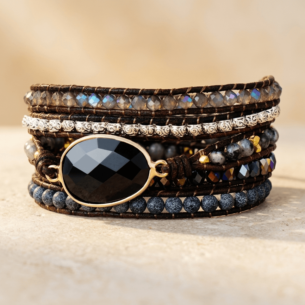 Black Onyx Gold Oval Wrap Bracelet
