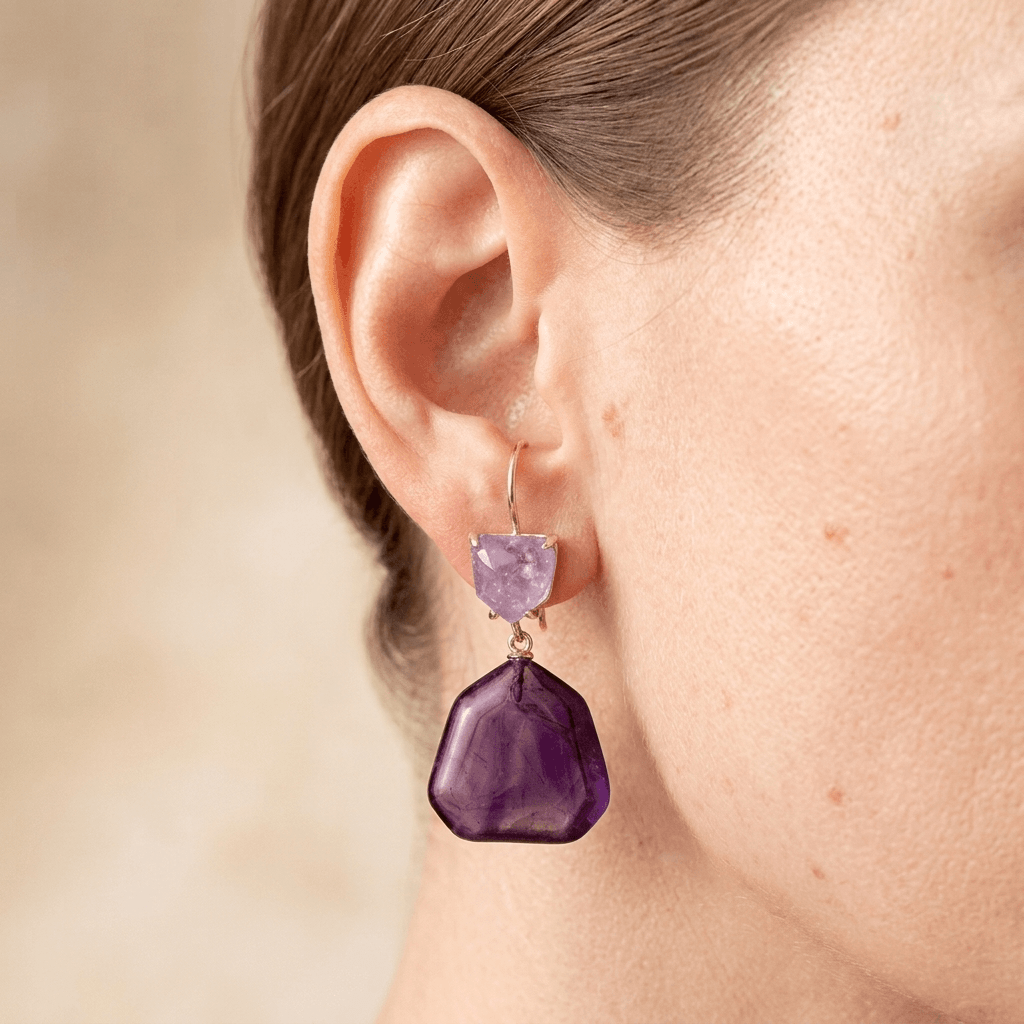 Natural Purple Amethyst Rose Gold Drop Earrings