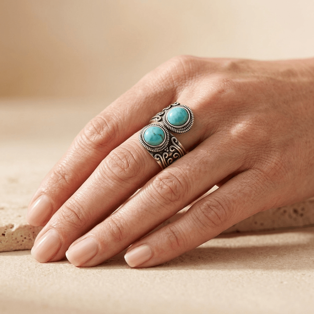 Turquoise Antique Silver Double Stone Ring