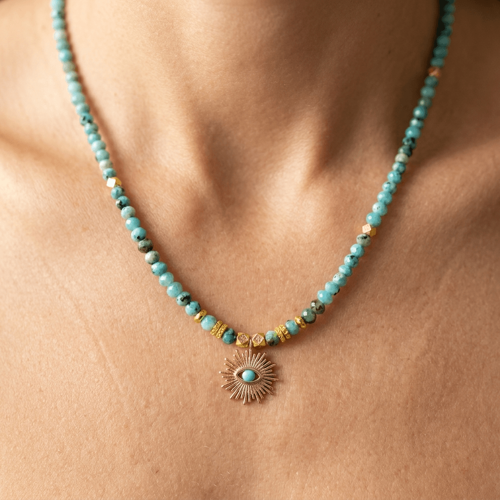 Turquoise Gold Evil Eye Sunburst Pendant Necklace