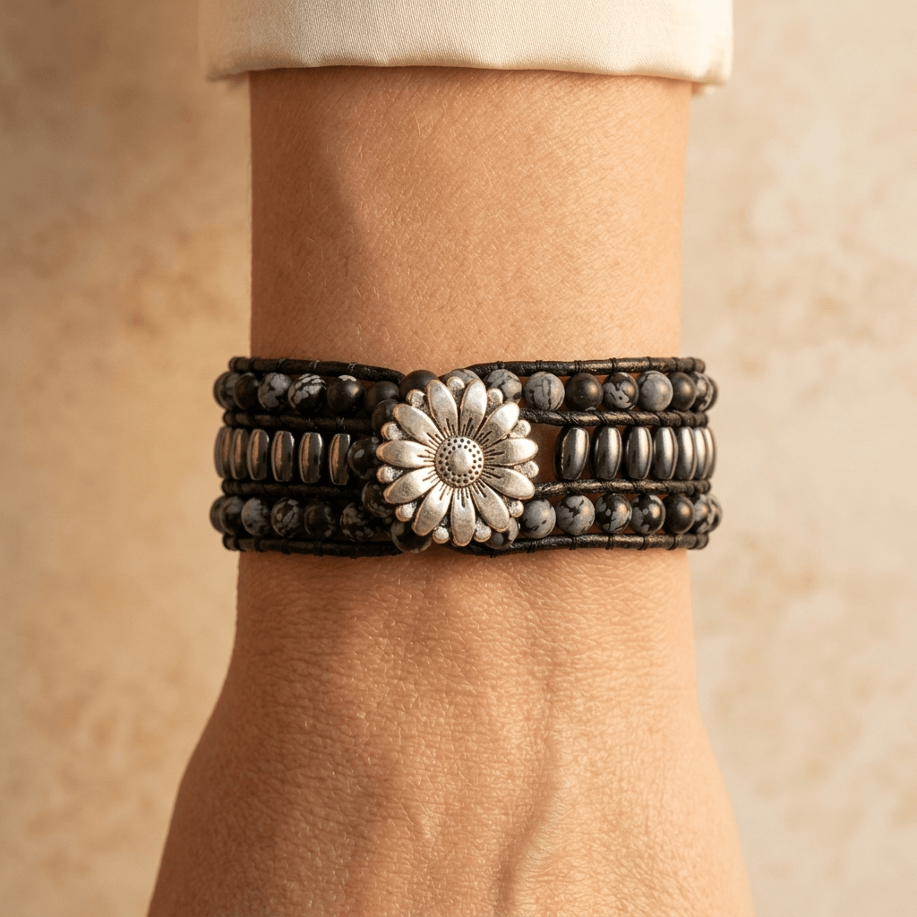 Black Snowflake Obsidian Hematite Beaded Wrap Bracelet