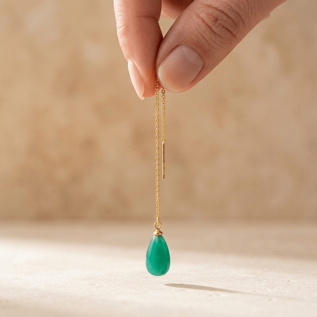 Green Onyx Gold Teardrop Thread Earrings
