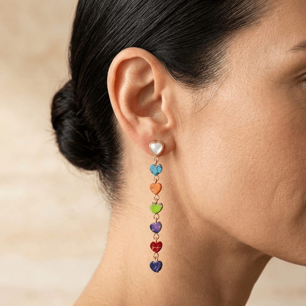 Chakra Rainbow Heart Gold Drop Earrings