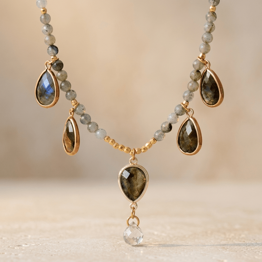 Natural Labradorite Teardrop Beaded Necklace