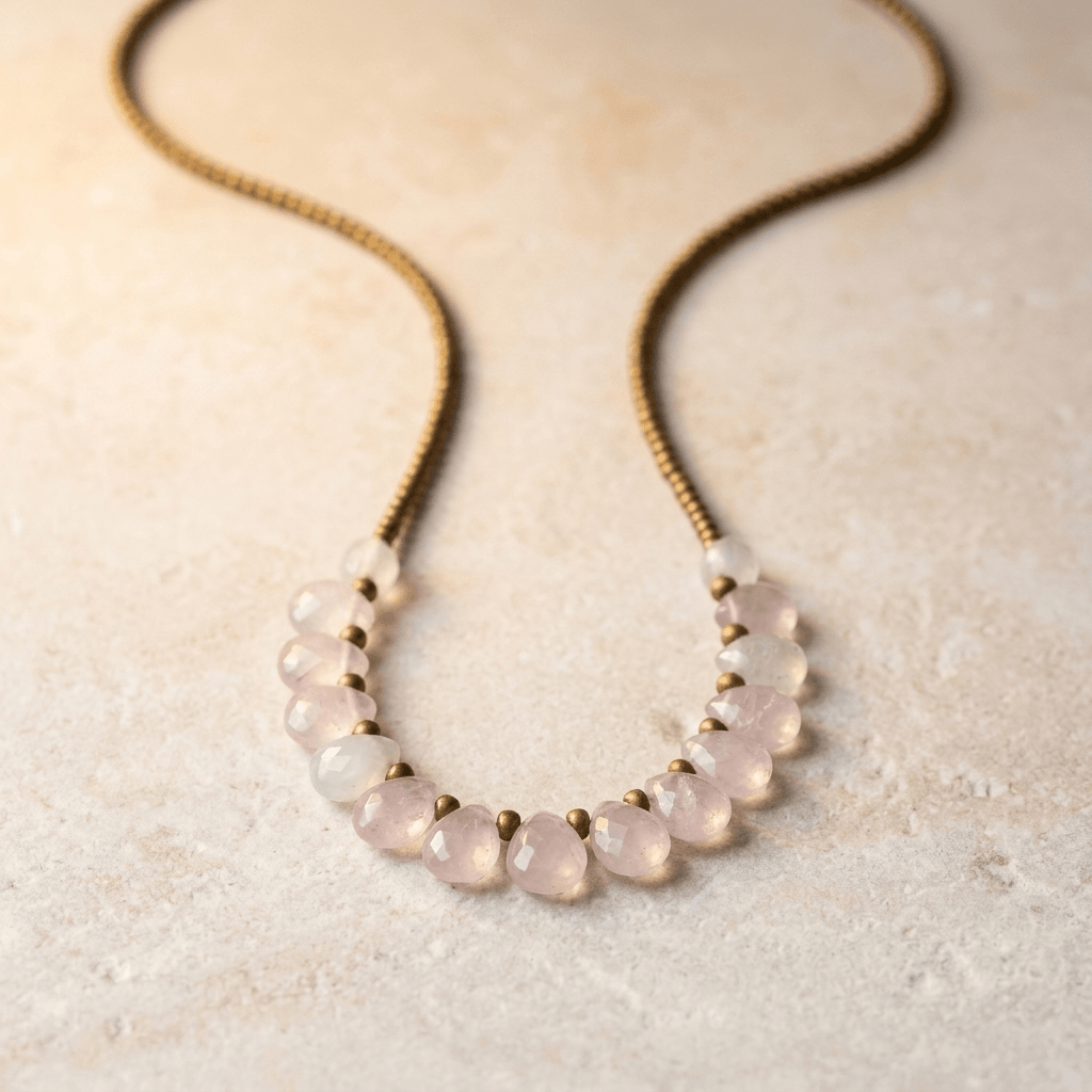 Rose Quartz Teardrop Brass Beaded Necklace