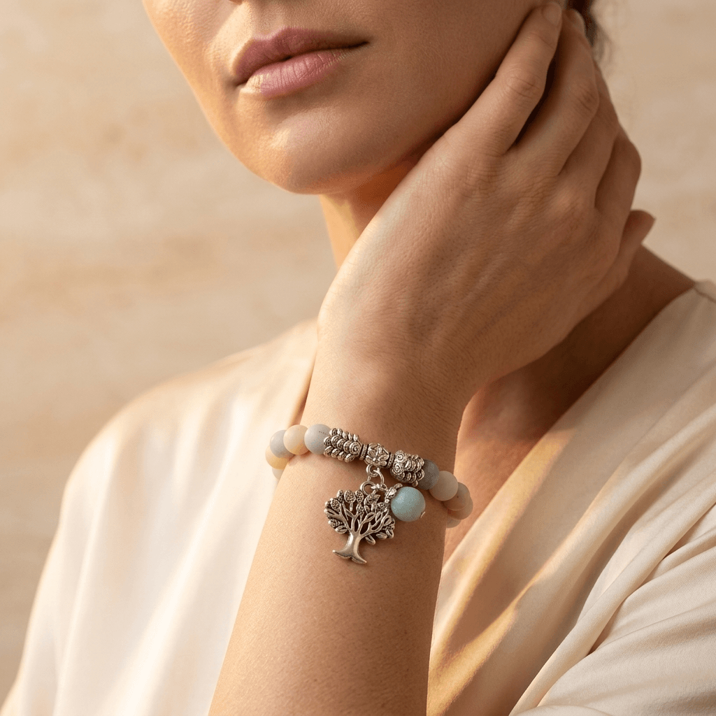 Natural Amazonite Silver Tree Of Life Bracelet