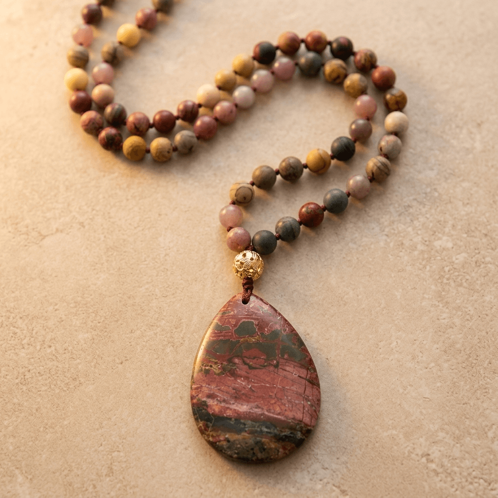 Natural Red Jasper Teardrop Pendant Beaded Necklace