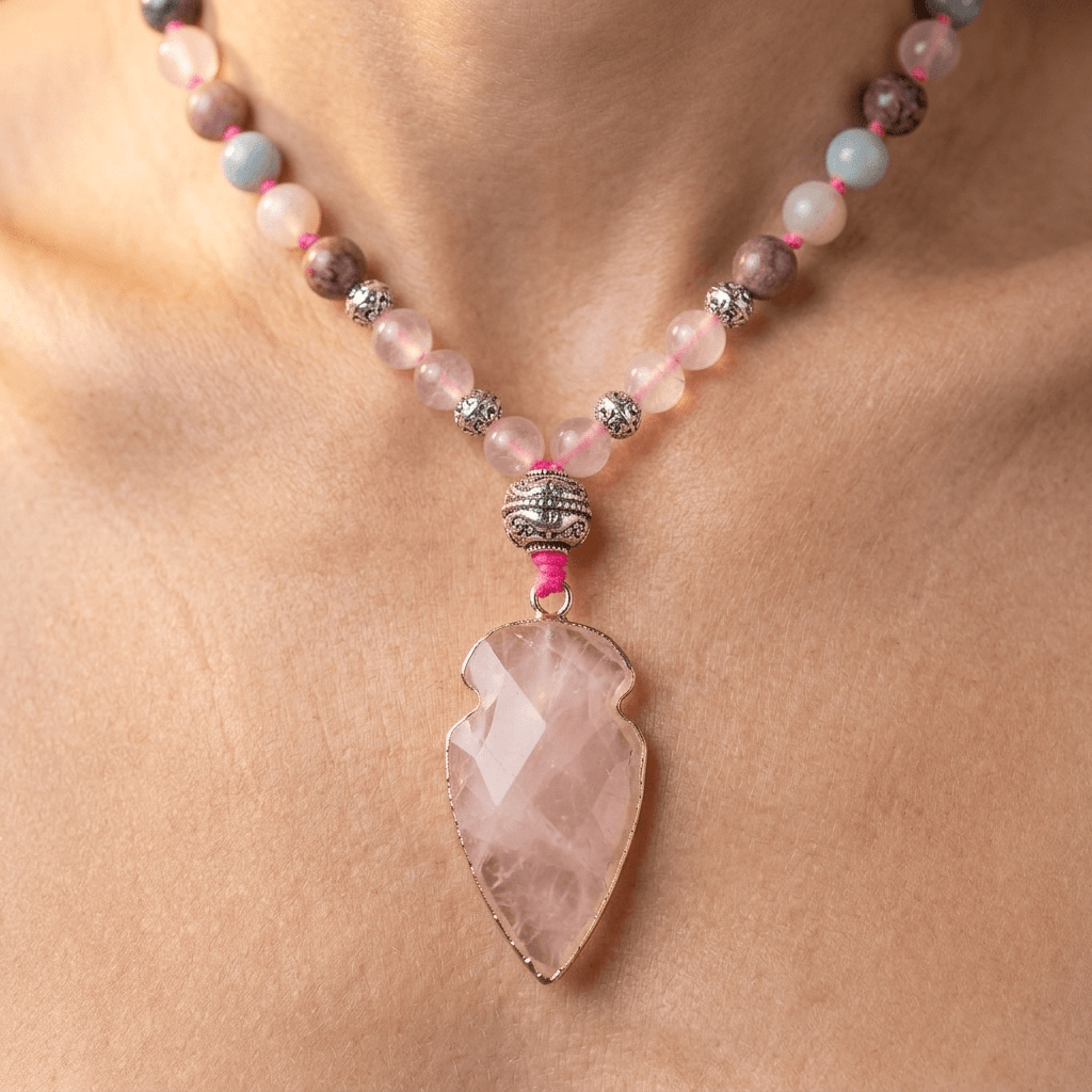 Natural Rose Quartz Arrowhead Beaded Necklace