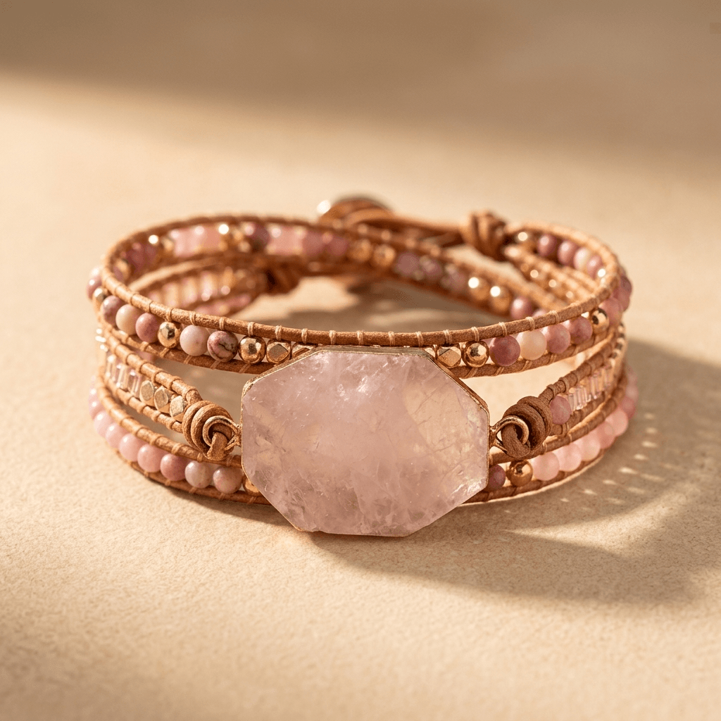 Rose Quartz Copper Beaded Wrap Bracelet