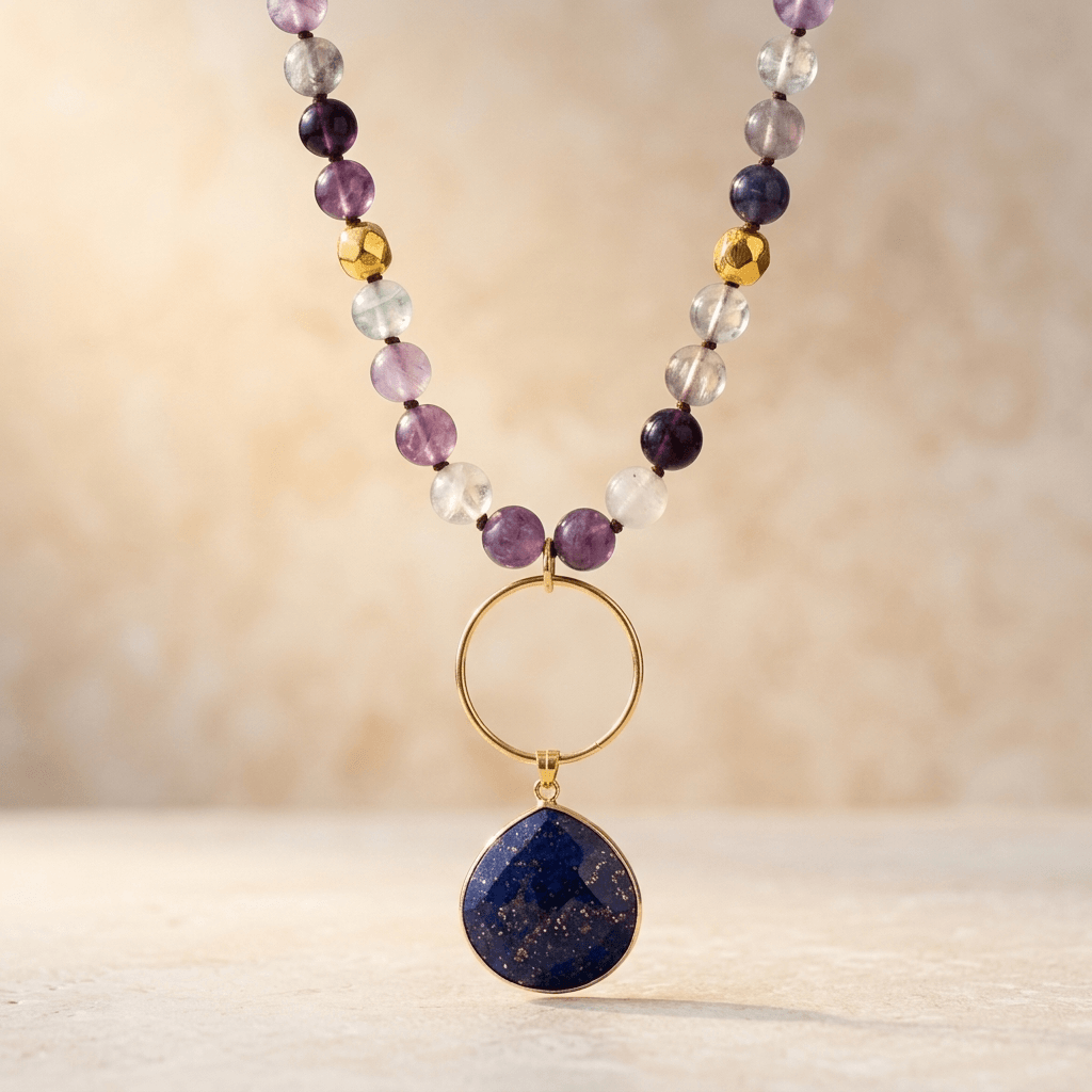 Purple Amethyst Gold Lapis Lazuli Pendant Necklace