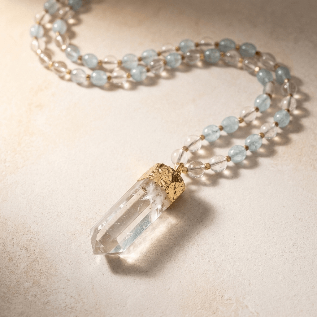 Natural Aquamarine Clear Quartz Point Necklace