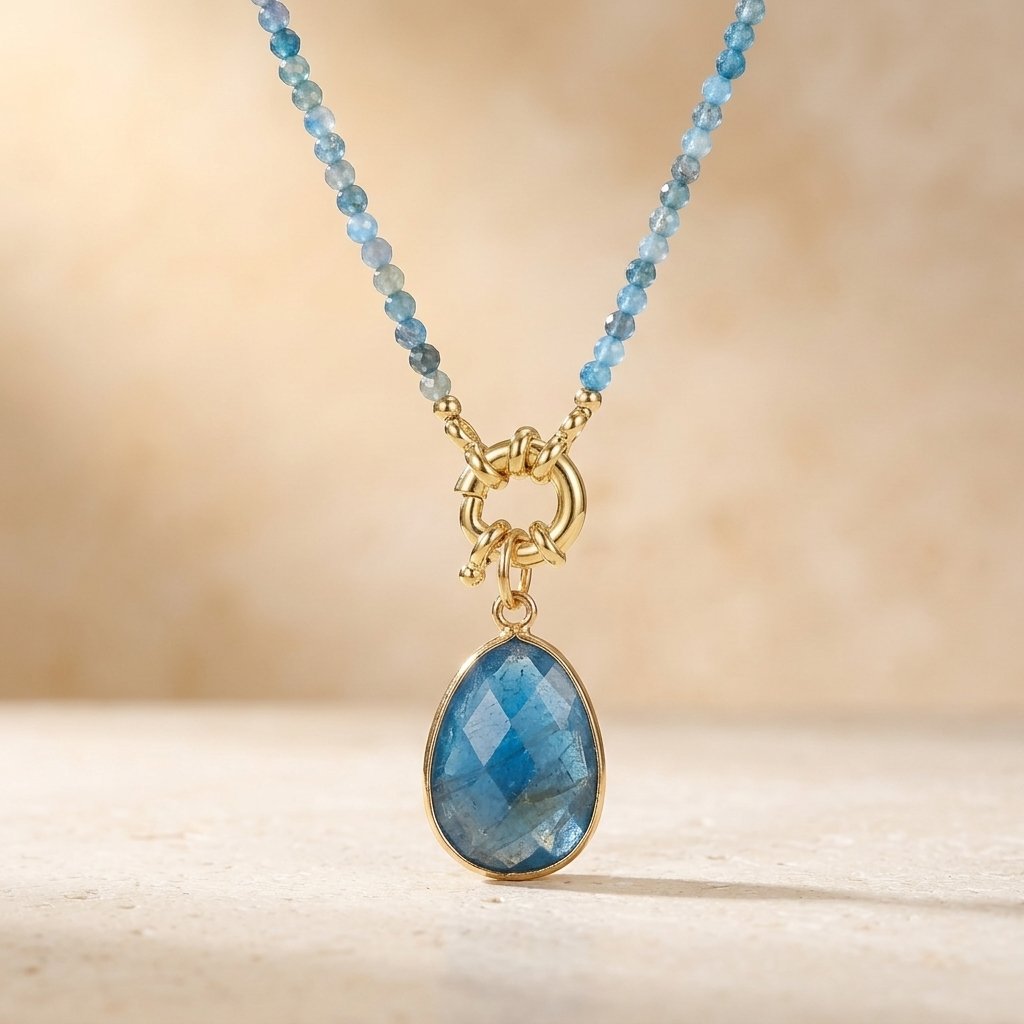 Gold Blue Apatite Teardrop Pendant Necklace